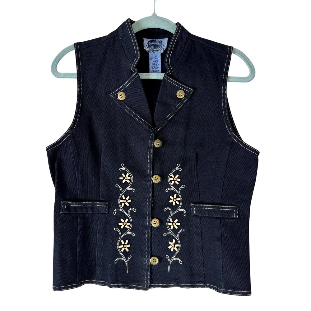 Cambridge‎ Dry Goods Black Denim Vest Women's Small Floral Beaded Embroidered